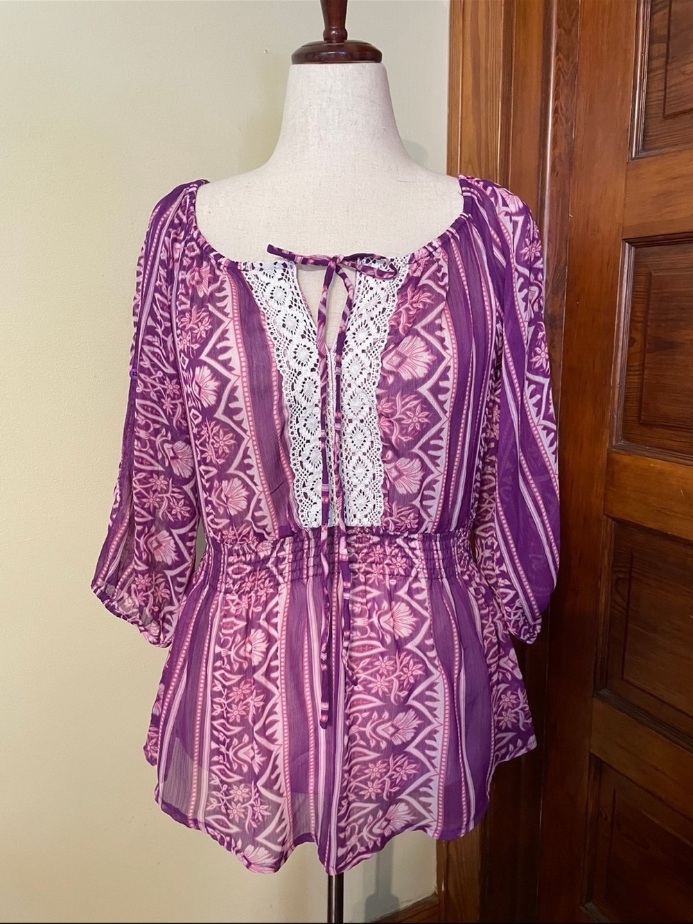Charming Charlie Purple & Light Pink Boho Lace-Trim Peasant Tunic